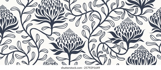 Hand drawn abstract leaf and flower organic seamless pattern. black floral leaves geometric pattern on white background. flower pattern. floral pattern.