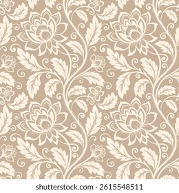 Hand drawn abstract leaf and flower organic seamless pattern. black floral leaves geometric pattern on 
brown background. flower pattern. floral pattern.