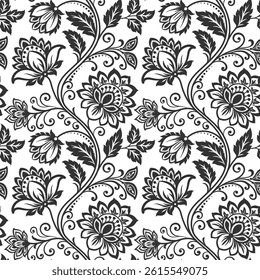 Hand drawn abstract leaf and flower organic seamless pattern. black floral leaves geometric pattern on white background. flower pattern. floral pattern.