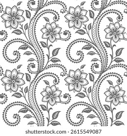 Hand drawn abstract leaf and flower organic seamless pattern. black floral leaves geometric pattern on white background. flower pattern. floral pattern.