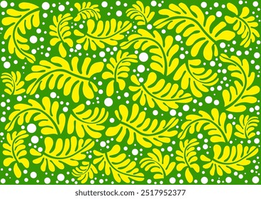 Dibujado a mano hoja abstracta y flores. Formas orgánicas de color amarillo con fondo de color verde para la tela, textiles, ropa, Fondo de pantalla, cubierta, Anuncio, decoración del hogar, fondos florales. Ilustración vectorial.