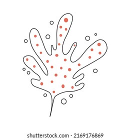 Hand drawn abstract leaf with pink dots doodle style, vector illustration isolated on white background. Black outline, design element for decoration, cards and print