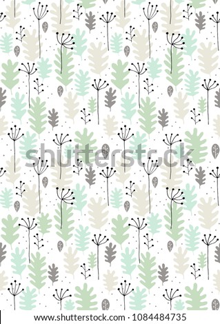 Hand Drawn Abstract  Leaves and Twigs Print. Floral Seamless Vector Pattern. Grey, Black and Mint Green Flowers on a White Background. Infantile Style Abstract Garden Design ideal for Fabric,Textile. 