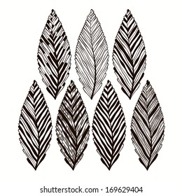 Hand drawn abstract leaves, vector set .