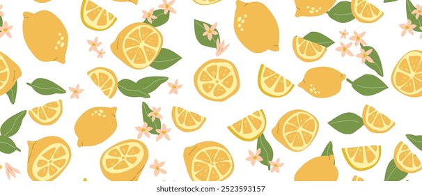 Hand drawn abstract lemon fruit pattern with plant parts and sliced food. Seamless pattern with lemon for textile, wrapping paper, posters. Fashion textures of citrus fruit.