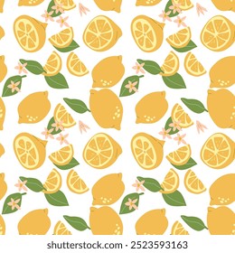 Padrão de frutos de limão desenhado à mão com partes de plantas e alimentos fatiados. Padrão contínuo com limão para têxteis, papel de embrulho, cartazes. Texturas de moda de citrinos.