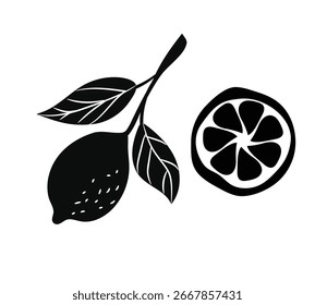 Hand drawn abstract lemon silhouettes set. Collection of whole and cut lemons,  isolated on white background. 