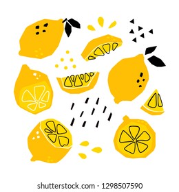 Limones abstractos dibujados a mano. Conjunto vectorial de color. Todos los elementos están aislados