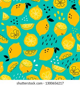 Hand drawn abstract lemons. Colored vector seamless pattern, Turquoise background