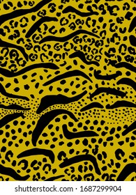 Hand Drawn Abstract Leopard Cheetah Zebra Stripes Mixed Mosaic Animal Skin Shapes and Dots Geometric Repeat Vector Pattern Isolated Background  
