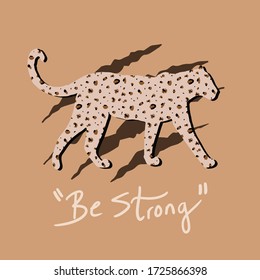 Hand Drawn Abstract Leopard Cheetah with Animal Skin Texture with Be Strong Text Vector Pattern Isolated Background