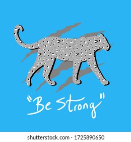Hand Drawn Abstract Leopard Cheetah with Animal Skin Texture with ''Be Strong'' Slogan Vector Pattern Isolated Background
