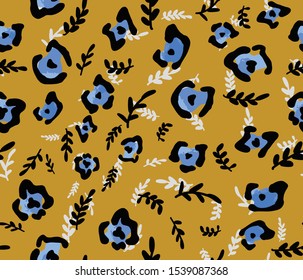 Hand Drawn Abstract Leopard Skin Shapes and Leaves Seamless Vector Pattern Isolated Background