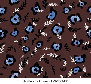Hand Drawn Abstract Leopard Skin Shapes and Leaves Seamless Vector Pattern Isolated Background