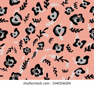 Hand Drawn Abstract Leopard Skin Shapes and Leaves Seamless Vector Pattern Isolated Background