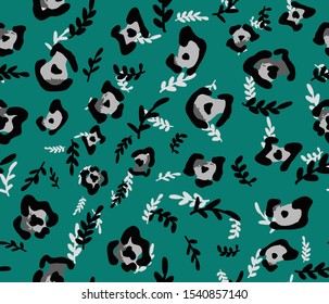 Hand Drawn Abstract Leopard Skin Shapes and Leaves Seamless Vector Pattern Isolated Background