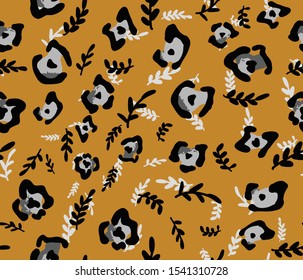 Hand Drawn Abstract Leopard Skin Shapes and Leaves Seamless Vector Pattern Isolated Background