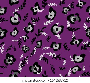 Hand Drawn Abstract Leopard Skin Shapes and Leaves Seamless Vector Pattern Isolated Background