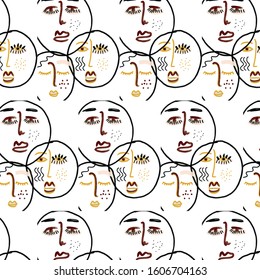 Hand drawn Abstract line face. Contemporary drawing in modern cubism style. Portrait of a  face isolated on colorful pastel textures with shapes.
