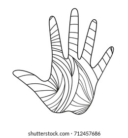 Hand. Hand drawn abstract line patterns on isolation background. Design for spiritual relaxation for adults. Line art creation. Black and white illustration for coloring