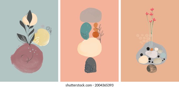hand drawn abstract line pop art collection contemporary style with stone and floral elements