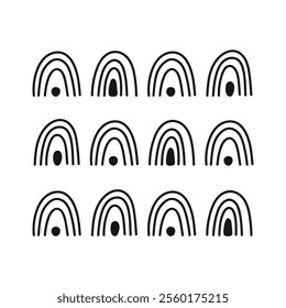 Hand drawn abstract line in rainbow shape pattern. Doodle scribble arches repeat element.