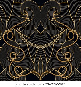 Hand drawn abstract lines flowers leaves chains ropes seamless pattern. Vector ornamental modern black and gold luxury background. Repeat patterned line art backdrop. Drawing lines floral ornaments.