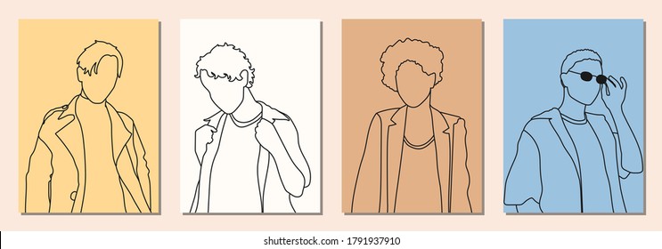 Caras de hombre abstractas dibujadas a mano en estilo de arte en línea, conjunto de afiches de moda, arte minimalista moderno, contorno estético, ilustración vectorial