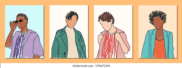 Caras de hombre abstractas dibujadas a mano en estilo de arte en línea, conjunto de afiches de moda, arte minimalista moderno, contorno estético, ilustración vectorial