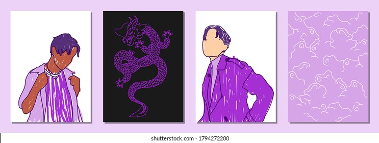 Caras de hombre abstractas dibujadas a mano en estilo de arte en línea, conjunto de afiches de moda, arte minimalista moderno, contorno estético, ilustración vectorial