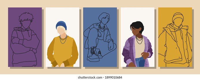 Caras de hombre abstractas dibujadas a mano en estilo de arte lineal, conjunto de afiches de moda, arte moderno minimalista, contorno estético