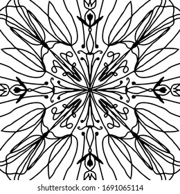 Mandala abstracta dibujada a mano. Patrón negro sobre fondo blanco. Colores antiestrés de libro para adultos y niños. Ilustración vectorial de material.