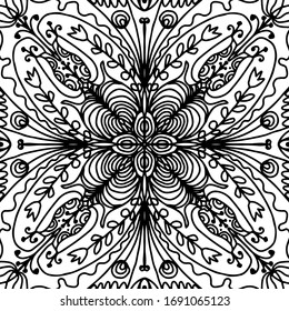 Hand drawn abstract mandala. Black pattern on a white background. Coloring book antistress for adults and children. Stock vector illustration.