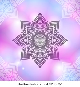 Hand drawn abstract mandala pattern on pastel pink blurred background. Tattoo element.  Invitation, t-shirt print, wedding card. 