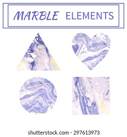 Hand drawn abstract marble template with different shapes. Beautiful marble background.  Handmade texture with liquid paint. Purple and gold ink. 