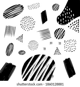 Pintura abstracta dibujada a mano de memphis con elementos negros, elementos hechos a mano, decorados diferentes. La textura se puede usar para papeles pintados, impresiones, sitios web. Vector EPS de fondo blanco