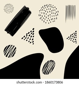 Hand drawn abstract memphis pattern texture with black elements, handmade elements, different decors. Texture can be used for wallpapers, prints, websites. white background EPS Vector