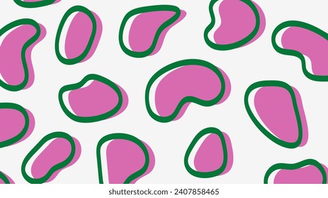 Hand drawn abstract memphis pattern. Doodle pink organic shapes with green outline on white background. Minimalist art vector design.