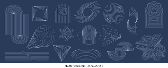 Hand drawn abstract mid century modern minimal mid century vector set in light blue colors . Aesthetic modern striped line art, geometric shapes in monochrome. Perfect design collection for home decor
