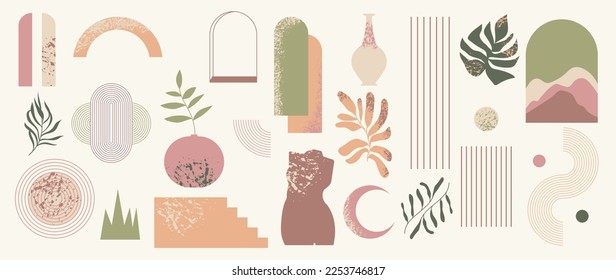 Hand drawn abstract minimal element mid century vector set. Aesthetic contemporary stripe line art, watercolor geometric shapes in nude colors. Art form design for wall art, decoration, wallpaper.