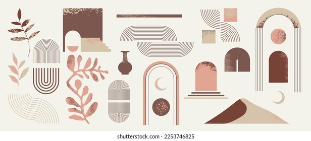 Hand drawn abstract minimal element mid century vector set. Aesthetic contemporary stripe line art, watercolor geometric shapes in nude colors. Art form design for wall art, decoration, wallpaper.