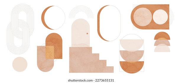 Conjunto de vectores abstracto de elementos mínimos dibujados a mano a mediados de siglo. Arte estético contemporáneo de rayas, formas geométricas de acuarela en colores desnudos. Diseño artístico para el arte de la pared, decoración, papel pintado.