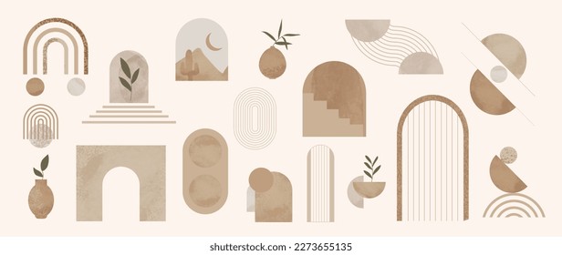 Hand drawn abstract minimal element mid century vector set. Aesthetic contemporary stripe line art, watercolor geometric shapes in nude colors. Art form design for wall art, decoration, wallpaper.