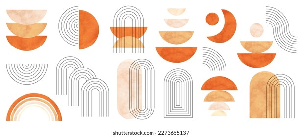 Hand drawn abstract minimal element mid century vector set. Aesthetic contemporary stripe line art, watercolor geometric shapes in nude colors. Art form design for wall art, decoration, wallpaper.