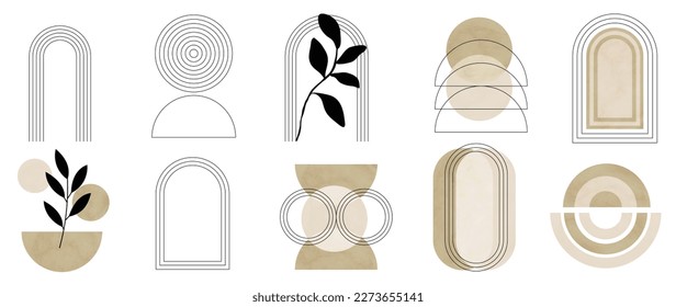 Hand drawn abstract minimal element mid century vector set. Aesthetic contemporary stripe line art, watercolor geometric shapes in nude colors. Art form design for wall art, decoration, wallpaper.