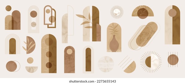 Hand drawn abstract minimal element mid century vector set. Aesthetic contemporary stripe line art, watercolor geometric shapes in nude colors. Art form design for wall art, decoration, wallpaper.