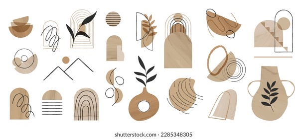 Hand drawn abstract minimal element mid century vector set. Aesthetic contemporary stripe line art, vase, door, watercolor shapes in earth tone. Art form design for wall art, decoration, wallpaper.