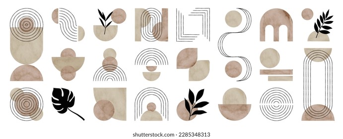 Hand drawn abstract minimal element mid century vector set. Aesthetic contemporary stripe line art, watercolor geometric shapes in earth tone. Art form design for wall art, decoration, wallpaper.