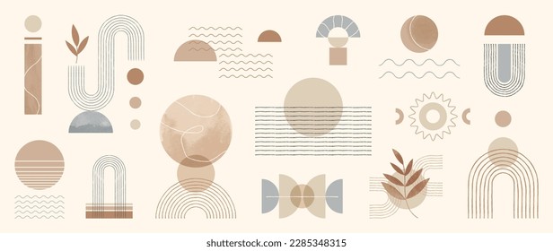 Hand drawn abstract minimal element mid century vector set. Aesthetic contemporary stripe line art, watercolor geometric shapes in earth tone. Art form design for wall art, decoration, wallpaper.