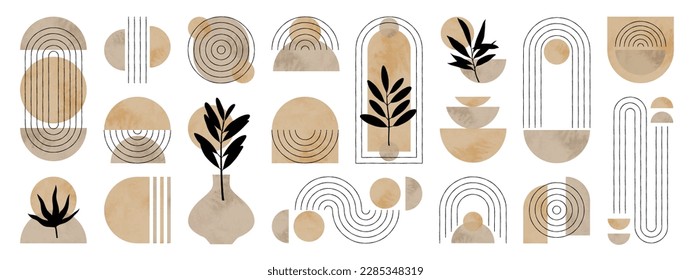 Hand drawn abstract minimal element mid century vector set. Aesthetic contemporary stripe line art, watercolor geometric shapes in earth tone. Art form design for wall art, decoration, wallpaper.